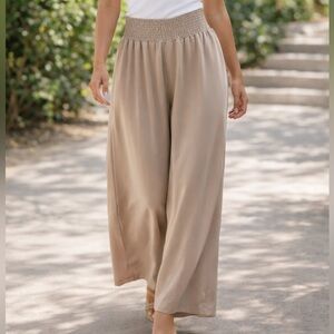 WIDE LEG PALAZZO PANTS ELASTIC WAIST BEIGE TAUPE FLOWY SIZE MEDIUM